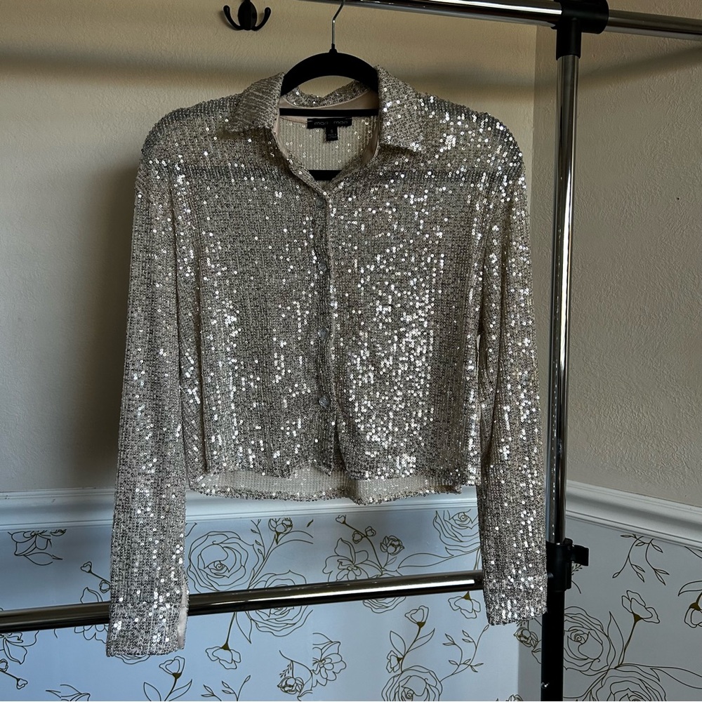 Boxy sparkle sequined button up blouse shirt silver nwot